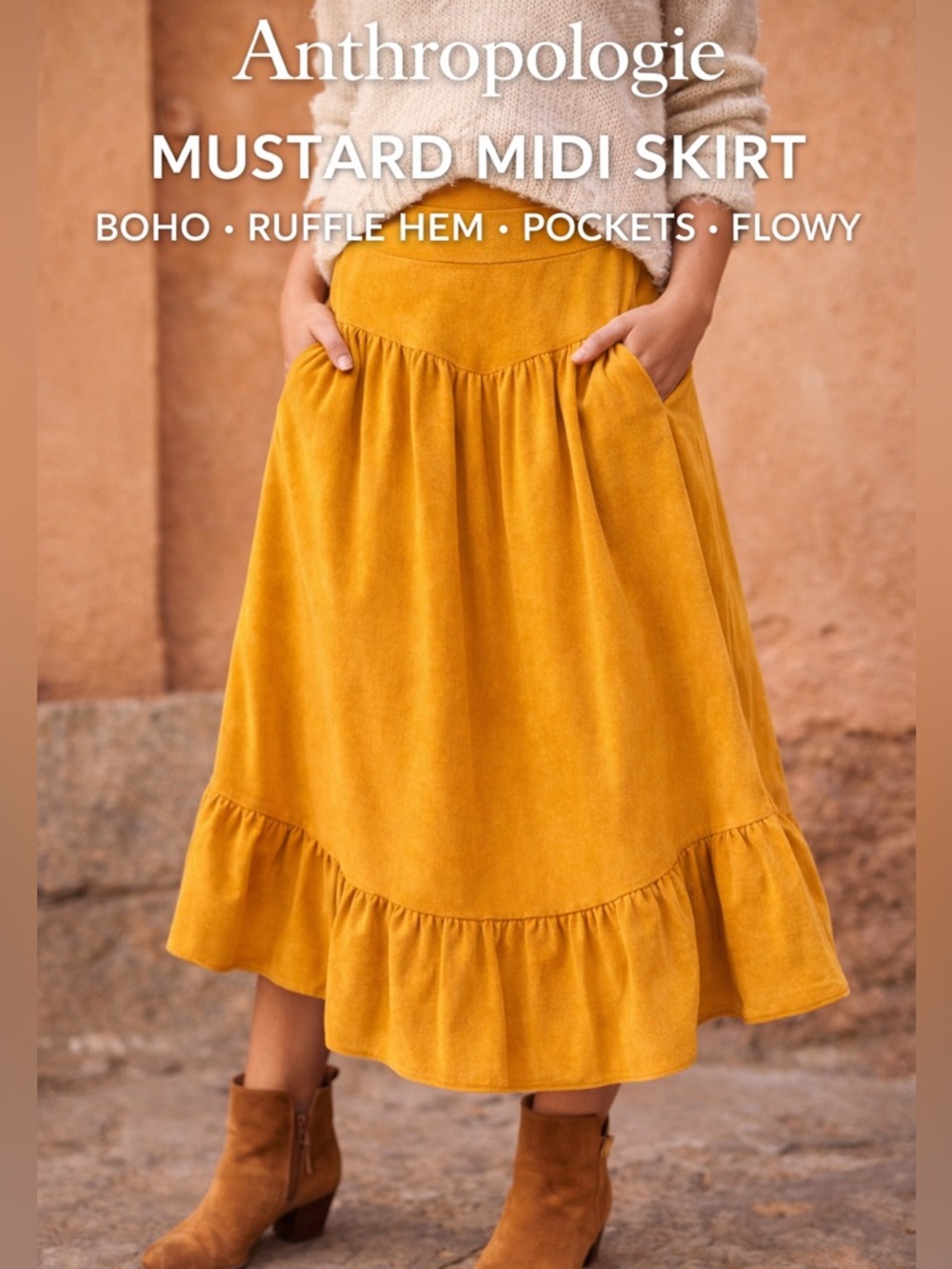 Anthropologie Mustard Midi Skirt M Boho Ruffle Hem Pockets Flowy